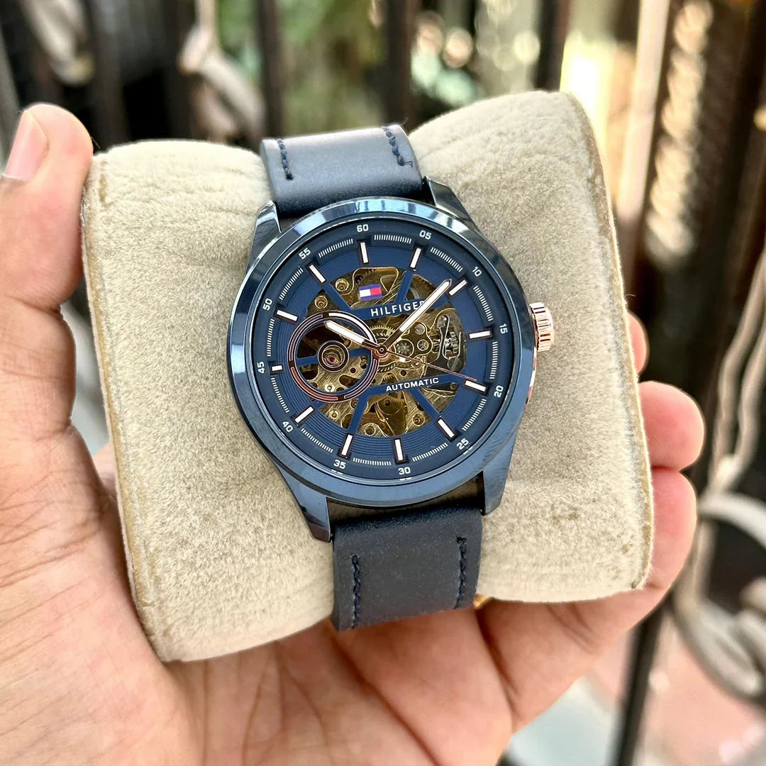 T_mmy Hilfiger Hendrix Automatic Skeleton Dial Blue Leather Watch