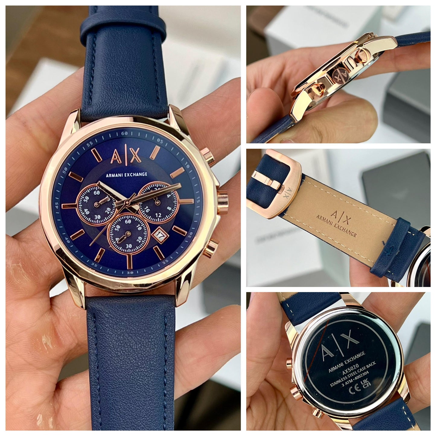 AR_ANI EXCH_NGE MEN’S AX1723 CHRONOGRAPH WATCH A BLUE DIAL ROSE GOLD TONE STICK AND A BLUE LEATHER STRAP