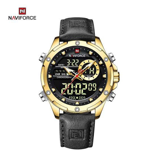 N@viforce Men's Sport Dual Display Gold & Black Leather Watch
