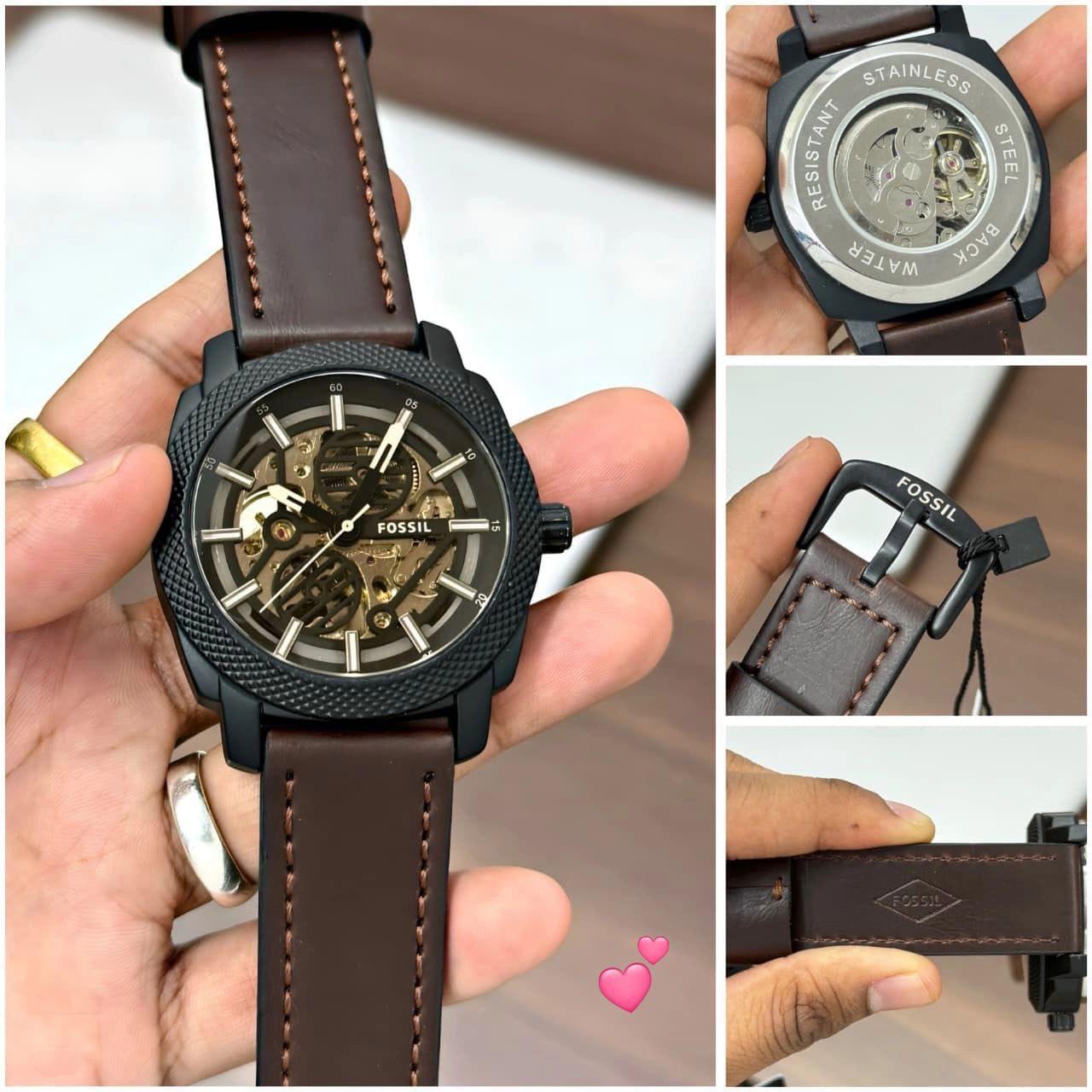 Fo_sil Machine Automatic Skeleton Dial Brown Leather Watch (ME3082)