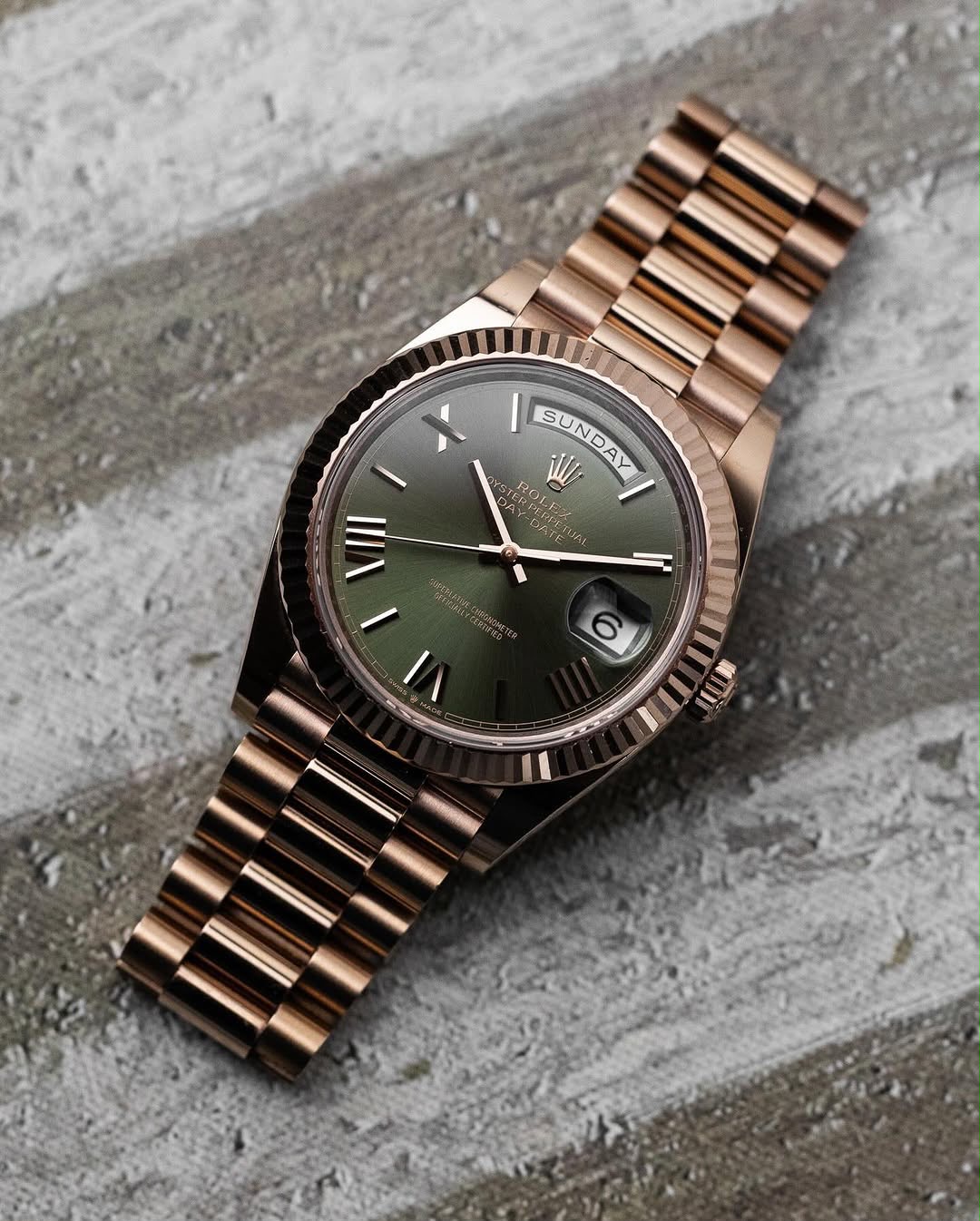 R_lex Day-date Rose Gold Green With Olive Green Roman Numbers Dial Automatic Watch