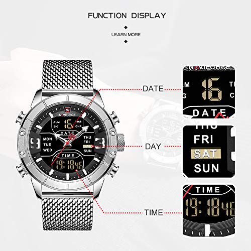 N@viforce Men's Sport Dual Display Digital-Analog Watch with Silver Mesh Strap