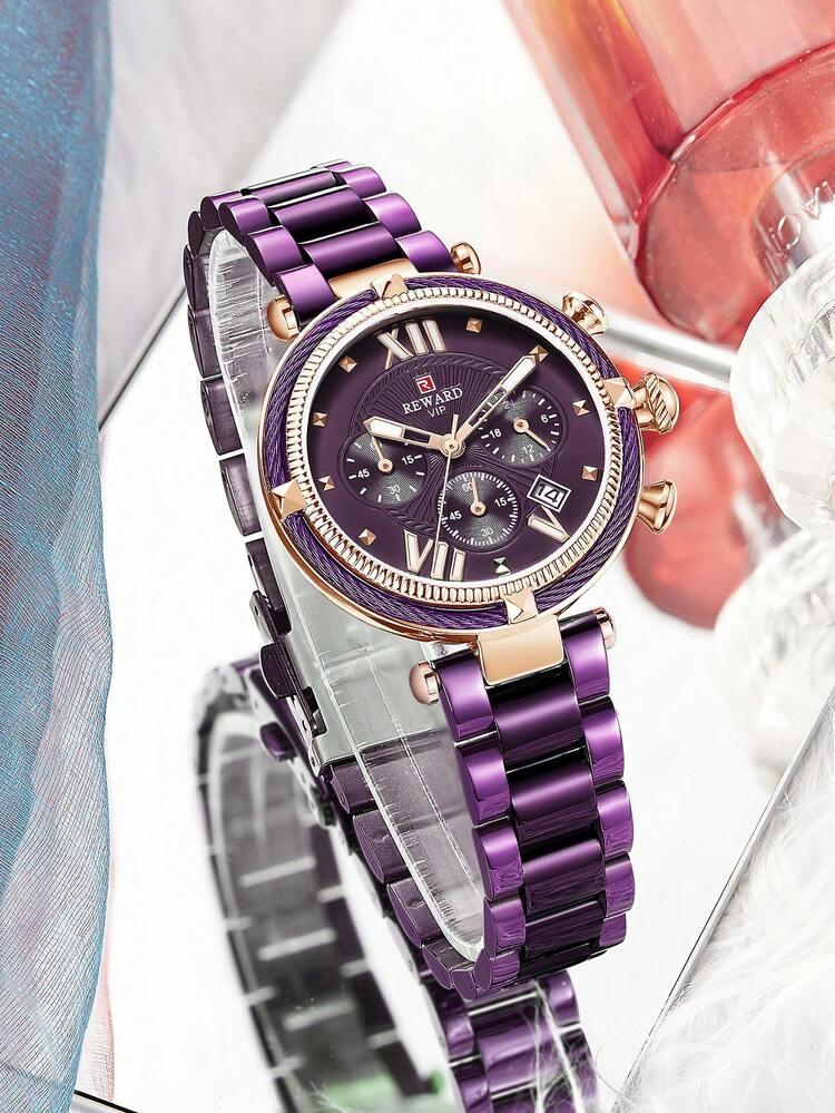 R_WARD Fashion Women Wristwatch Stainless Steel Strap Quartz - Maroon color