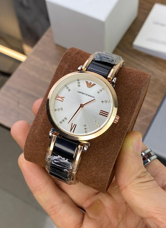 Em_orio @rmani Gianni T-Bar Rose Gold & Black Ceramic Women's Watch (AR11091)
