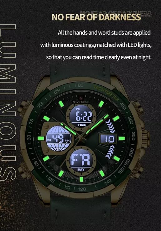 N@VIFORCE Men's Military Digital Watches Analog Quartz Waterproof Watch Sport Multifunctional Leather Wristwatch