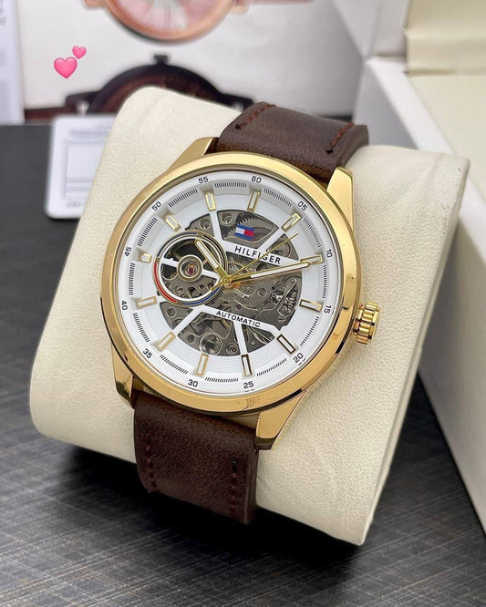T_mmy Hilfiger Hendrix Automatic Skeleton Dial Brown Leather Watch
