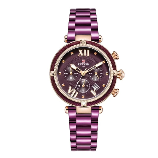 R_WARD Fashion Women Wristwatch Stainless Steel Strap Quartz - Maroon color