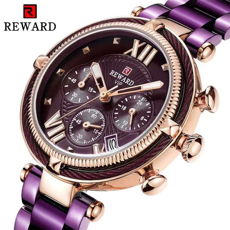 R_WARD Fashion Women Wristwatch Stainless Steel Strap Quartz - Maroon color