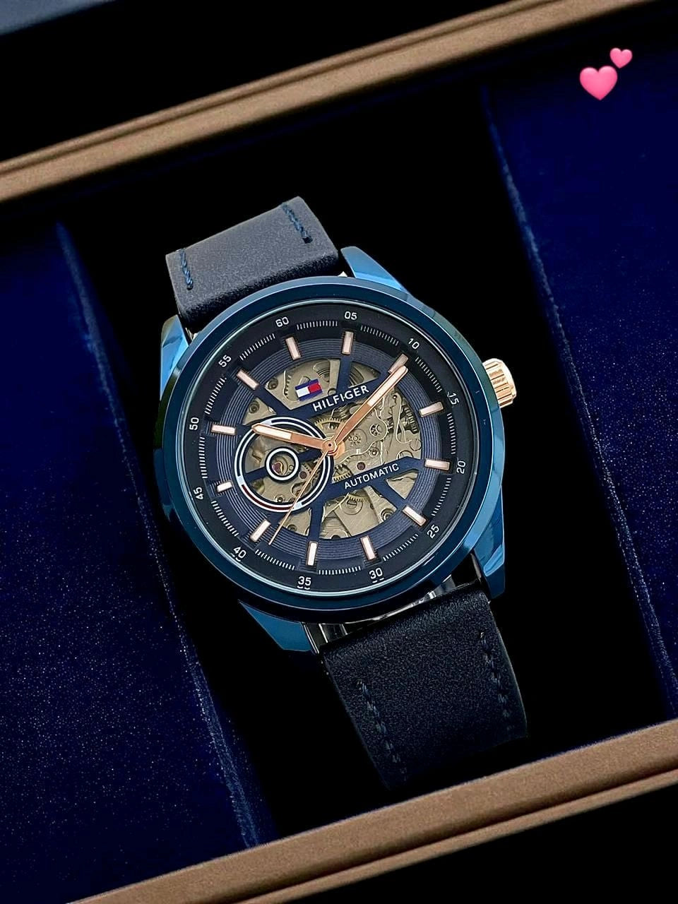T_mmy Hilfiger Hendrix Automatic Skeleton Dial Blue Leather Watch