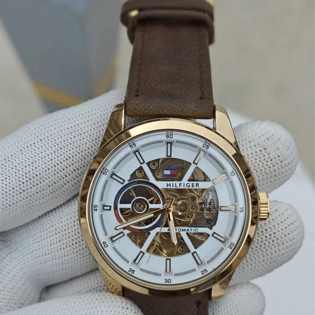 T_mmy Hilfiger Hendrix Automatic Skeleton Dial Brown Leather Watch