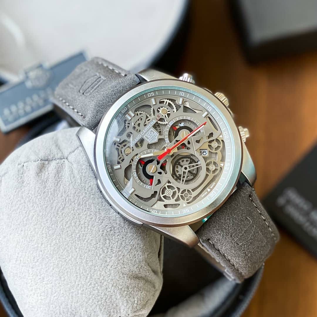 T@g H_uer Grand Carrera CR7 Skeleton Dial Grey Suede Strap Watch