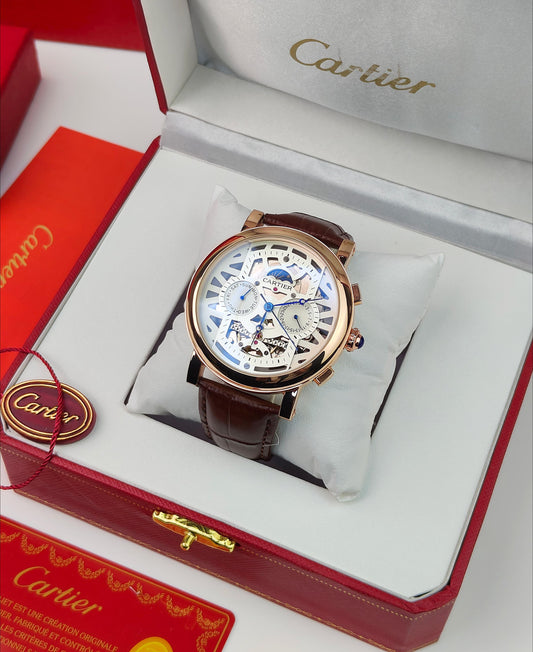CA_TIER AUTOMATIC WATCH WITH A SKELETONIZED DIAL A BROWN LEATHER STRAP DAY AND DATE INDICATORS