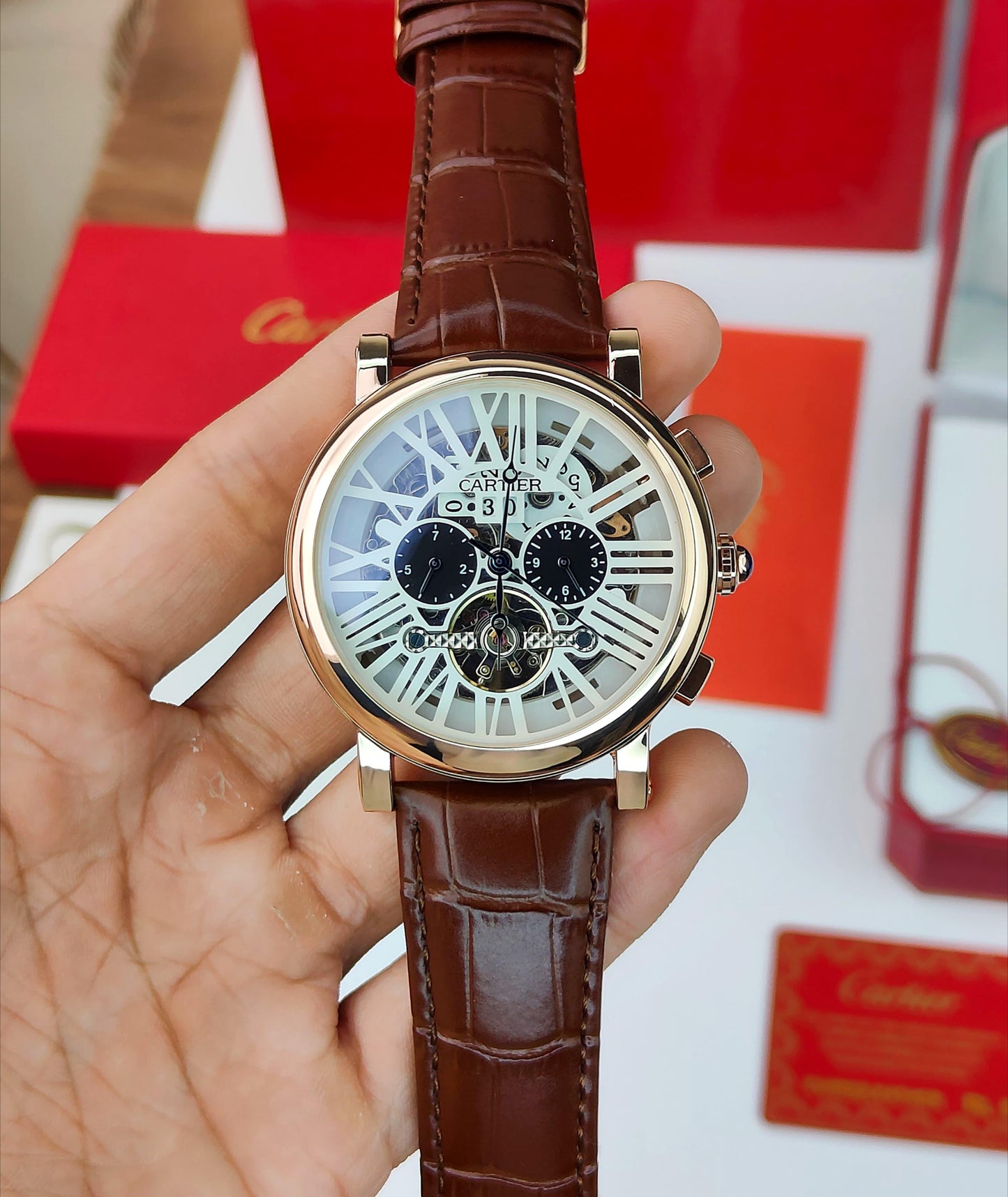 CA_TIER OPEN HEART TOURBILLON WATCH A BROWN LEATHER STRAP AN AUTOMATIC MOMENT AND ROSE GOLD CASE