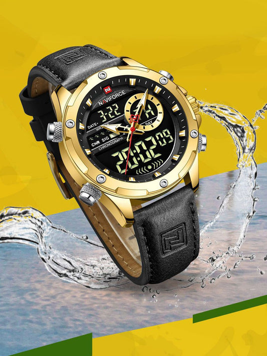 N@viforce Men's Sport Dual Display Gold & Black Leather Watch