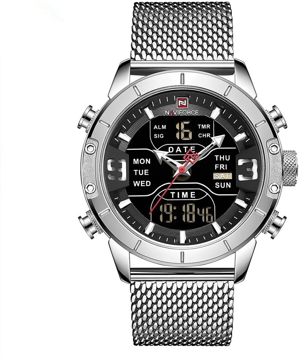 N@viforce Men's Sport Dual Display Digital-Analog Watch with Silver Mesh Strap