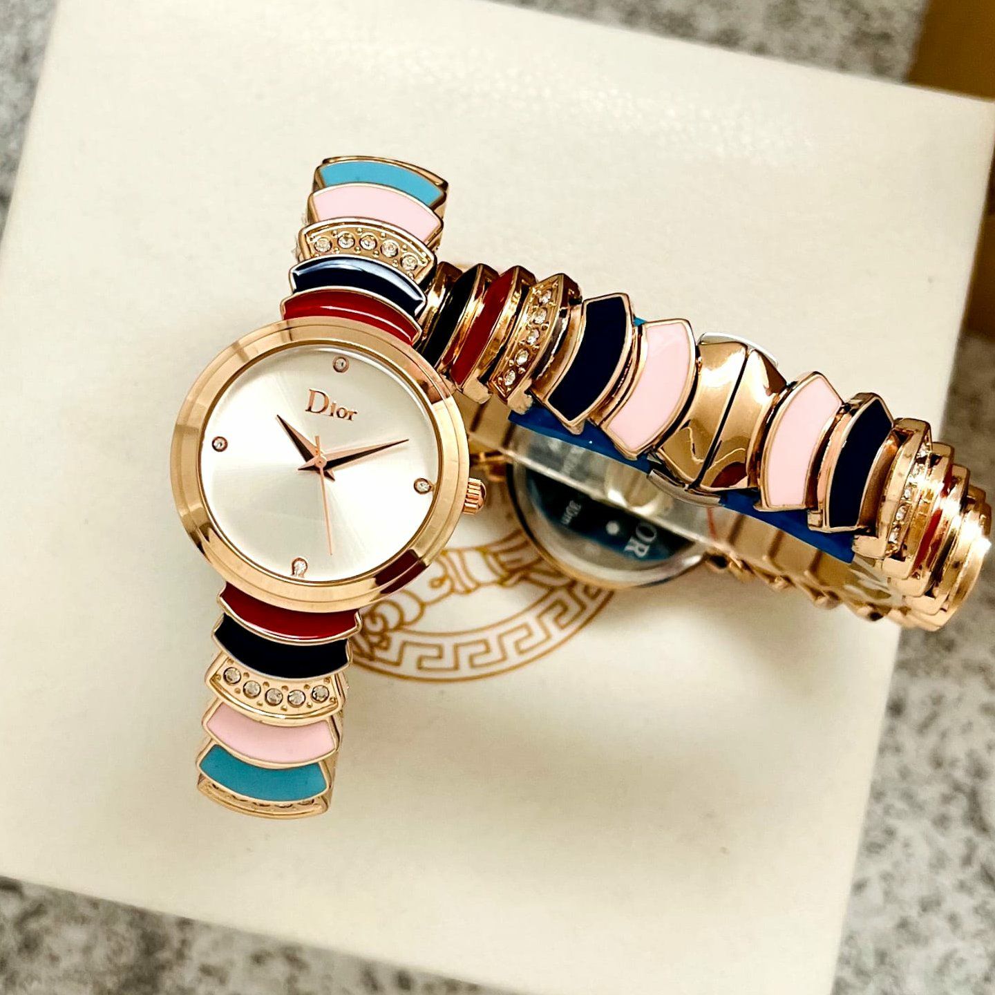 Di0rr sLa D De Doir "Satine" Multi-Color Enamel & Rose Gold Bangle Watch