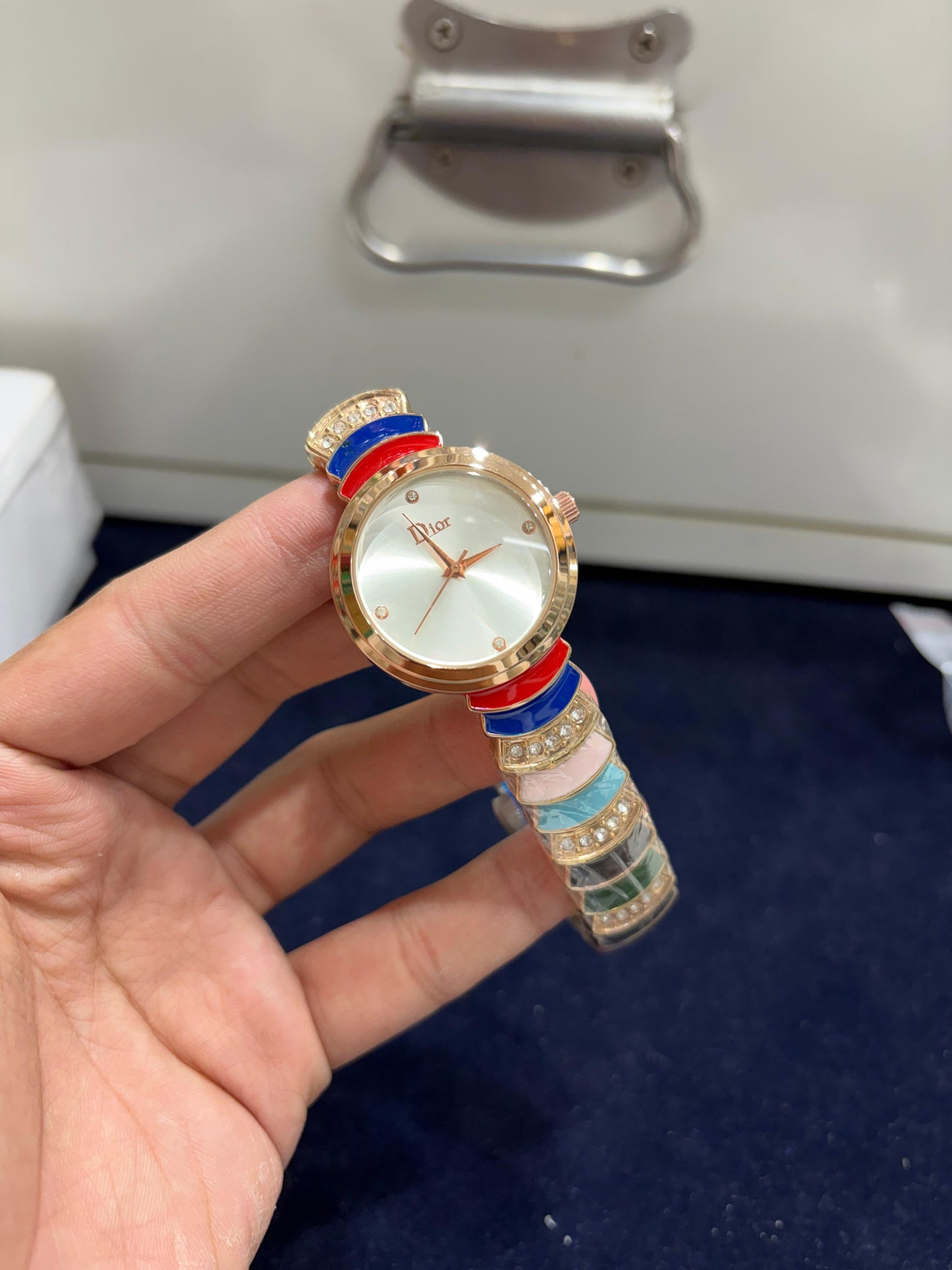 Di0rr sLa D De Doir "Satine" Multi-Color Enamel & Rose Gold Bangle Watch
