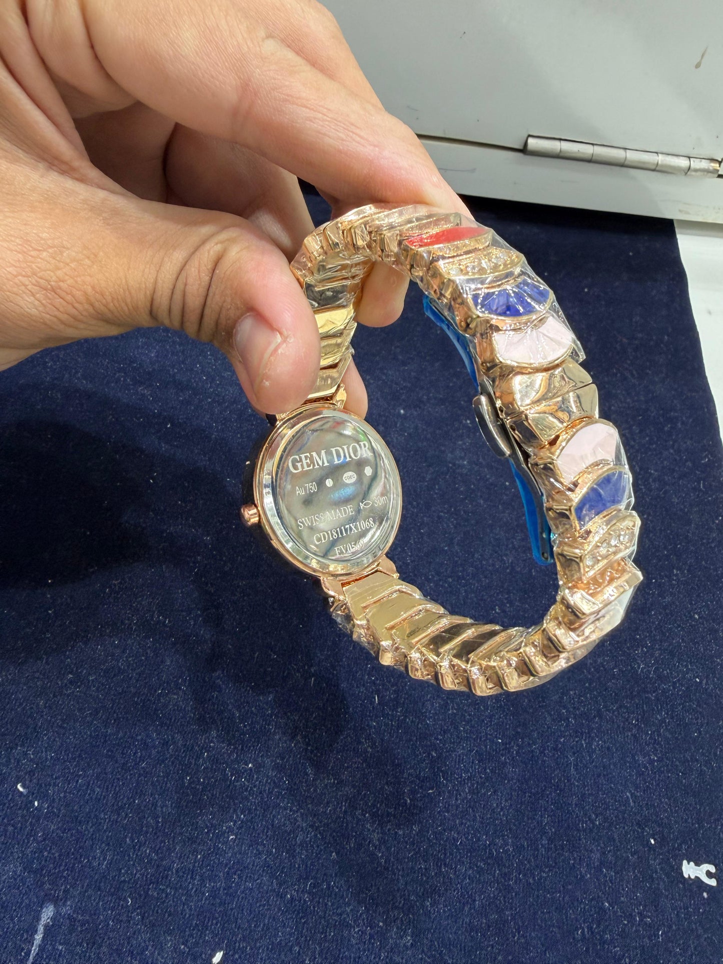 Di0rr sLa D De Doir "Satine" Multi-Color Enamel & Rose Gold Bangle Watch