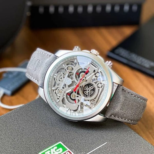 T@g H_uer Grand Carrera CR7 Skeleton Dial Grey Suede Strap Watch