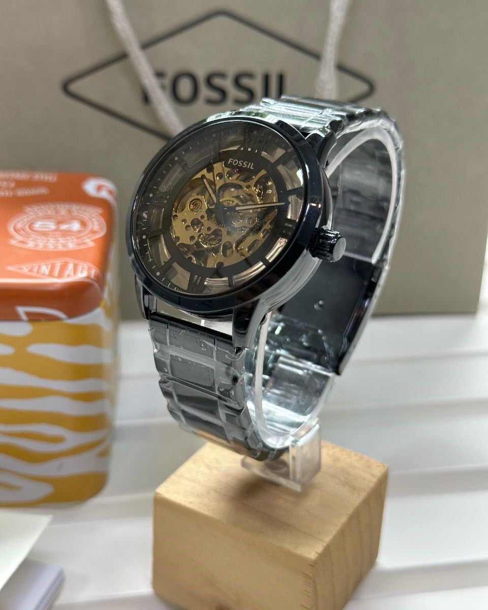 Fos_il Townsman Automatic Black Skeleton Dial Stainless Steel Watch
