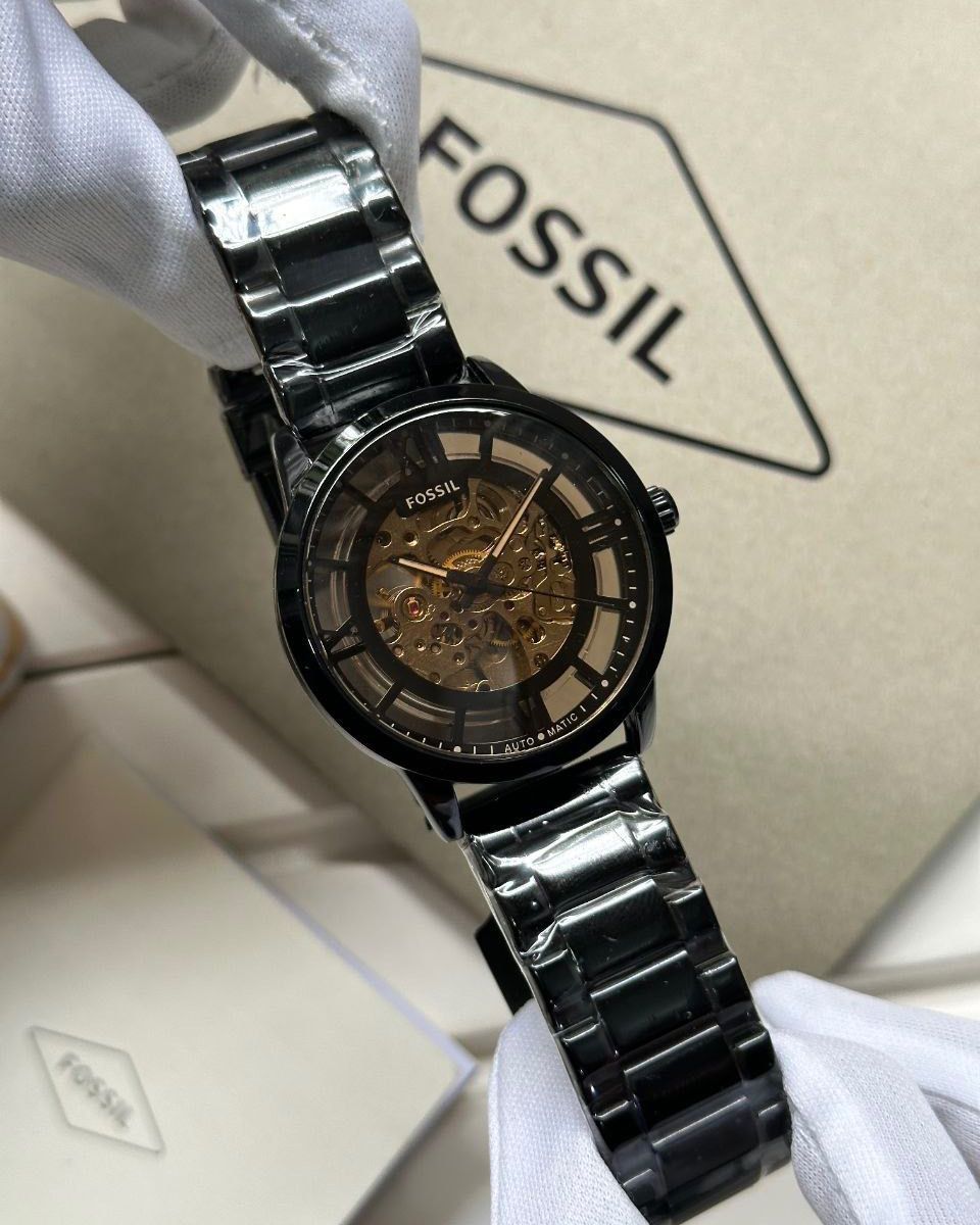 Fos_il Townsman Automatic Black Skeleton Dial Stainless Steel Watch