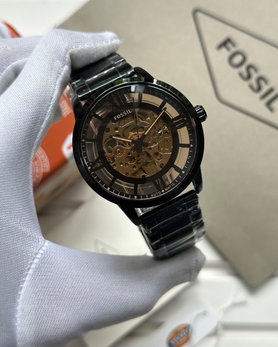 Fos_il Townsman Automatic Black Skeleton Dial Stainless Steel Watch