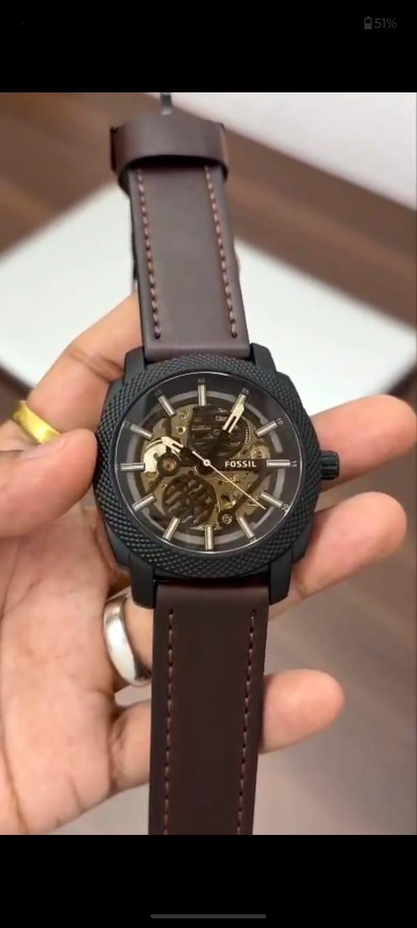 Fo_sil Machine Automatic Skeleton Dial Brown Leather Watch (ME3082)