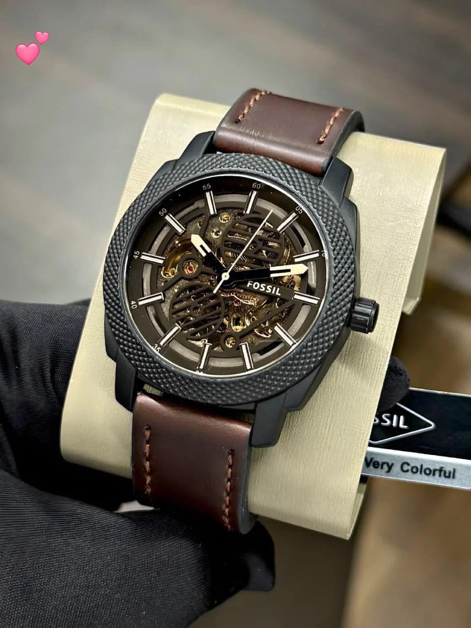 Fo_sil Machine Automatic Skeleton Dial Brown Leather Watch (ME3082)