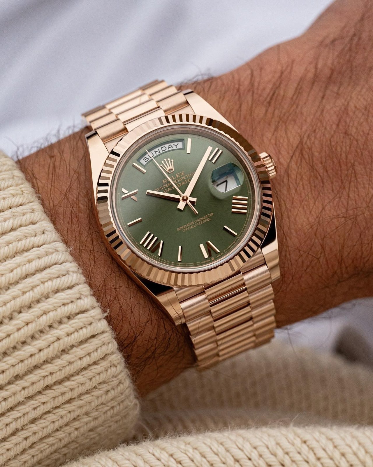 R_lex Day-date Rose Gold Green With Olive Green Roman Numbers Dial Automatic Watch