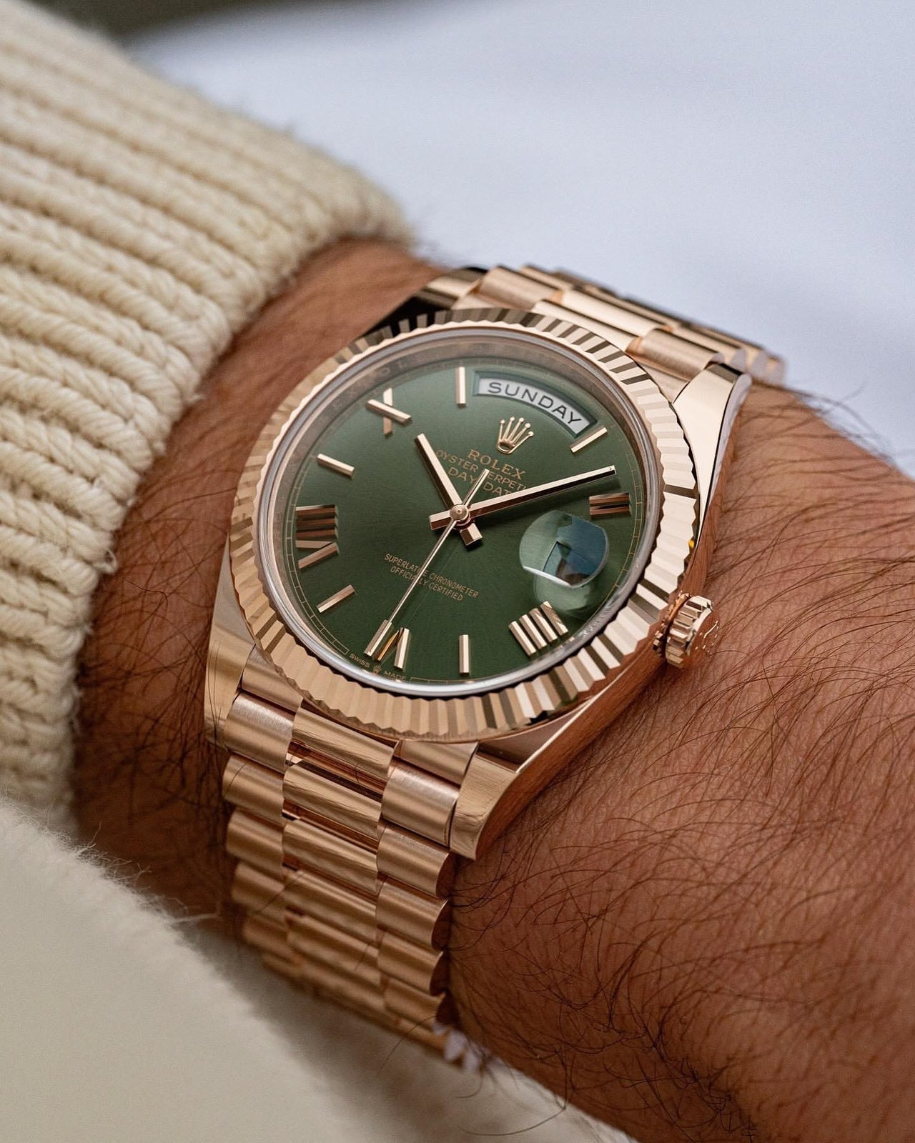 R_lex Day-date Rose Gold Green With Olive Green Roman Numbers Dial Automatic Watch