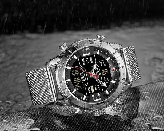N@viforce Men's Sport Dual Display Digital-Analog Watch with Silver Mesh Strap