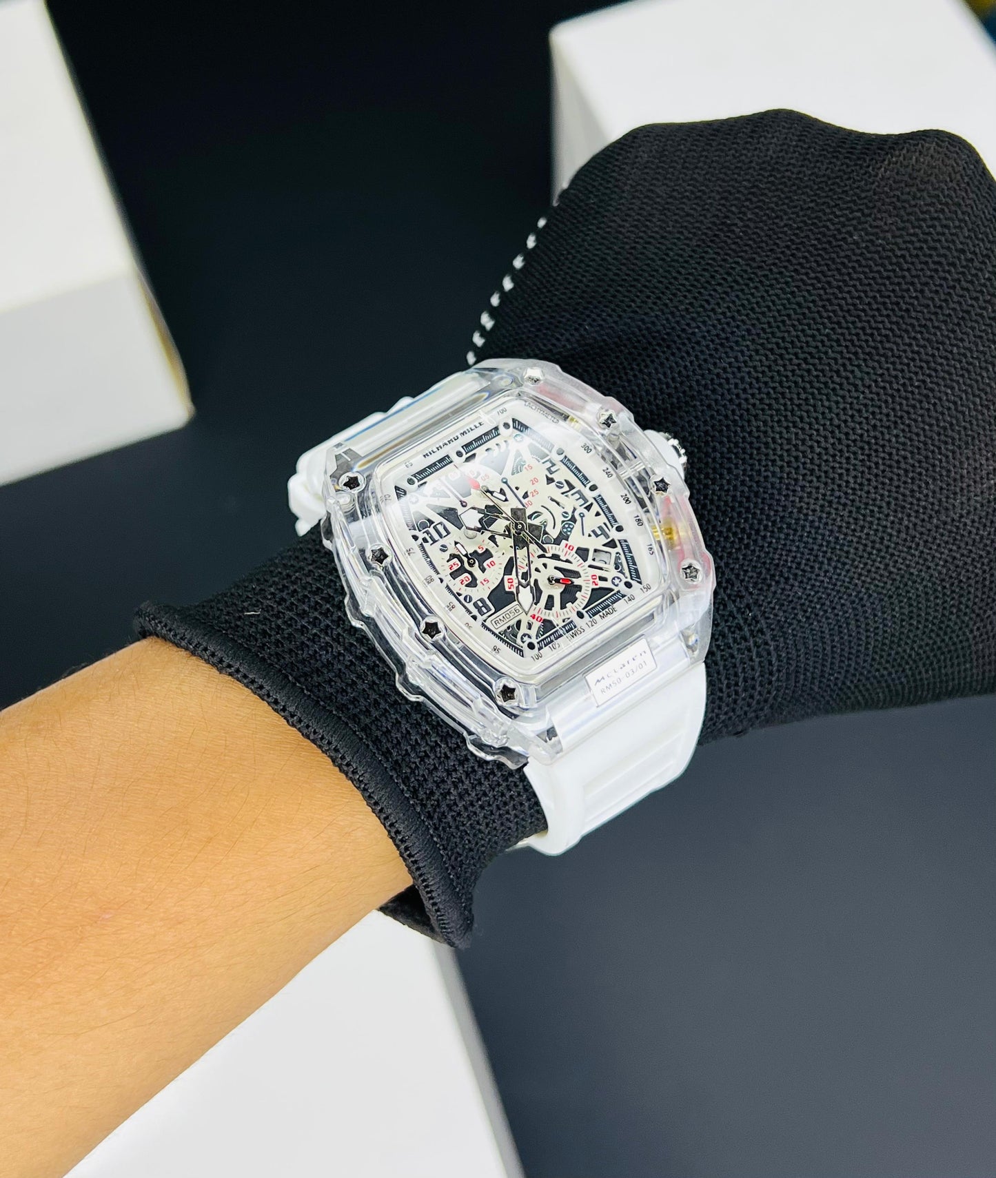 Richa_d Milla Style Transparent Skeleton White Sports Watch for Men