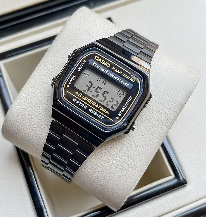 C@SIO A168WGG-1BDF Vintage Black Dial Black Stainless Steel- Unisex Watch