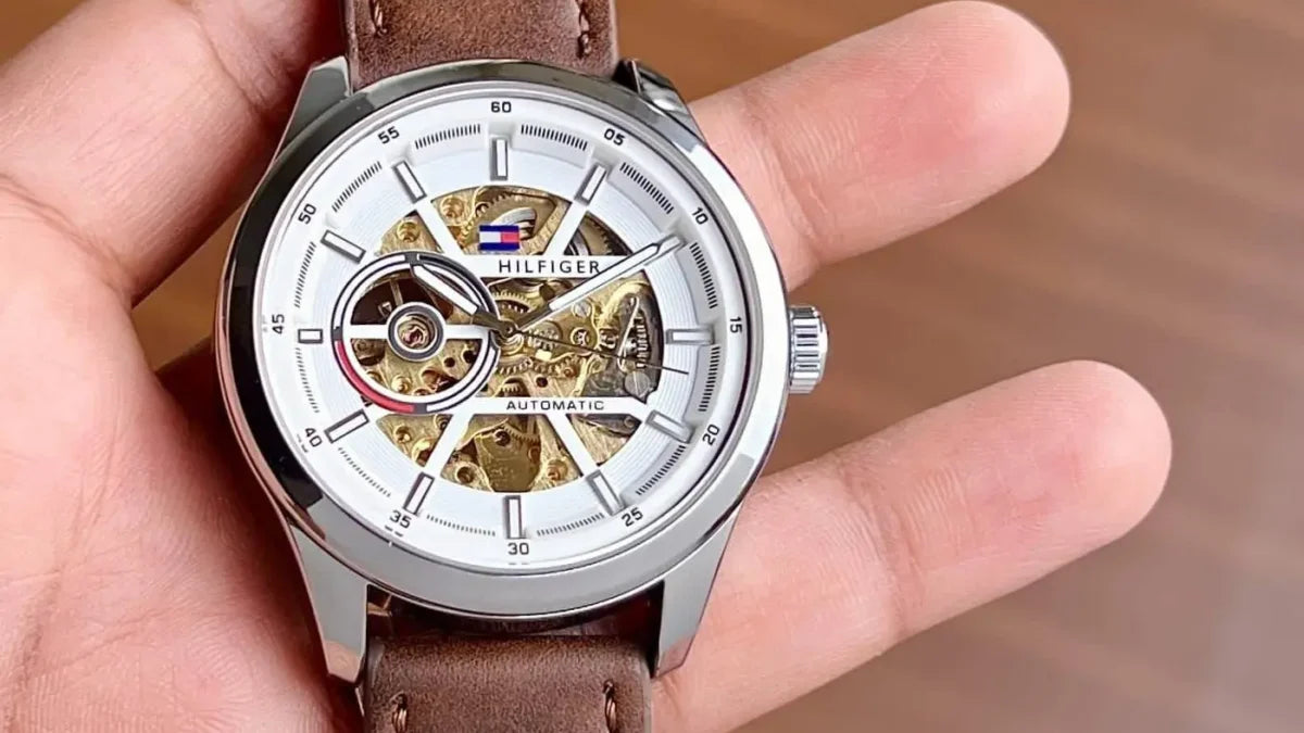 T_mmy Hilfiger Hendrix Automatic Skeleton Dial Brown Leather Watch