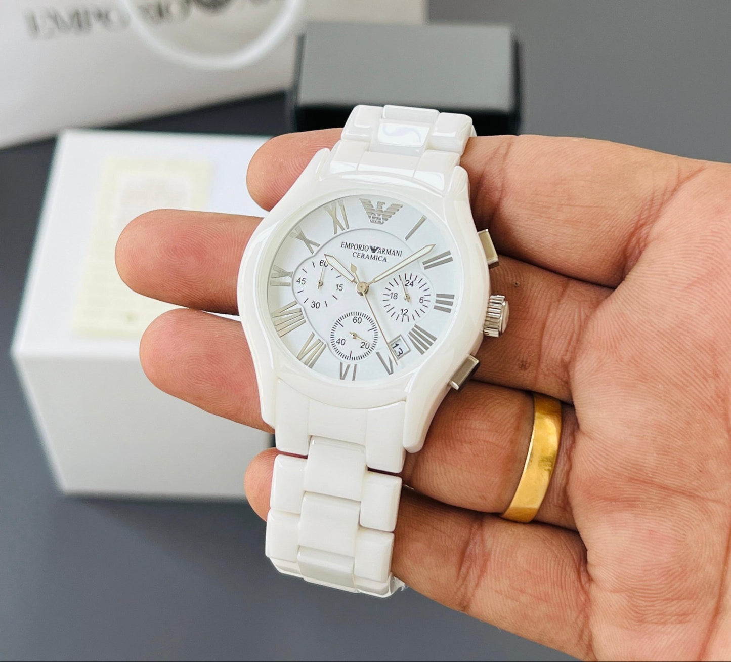 E_porio @rmani Ceramica Chronograph White Ceramic Bacelet And Dial