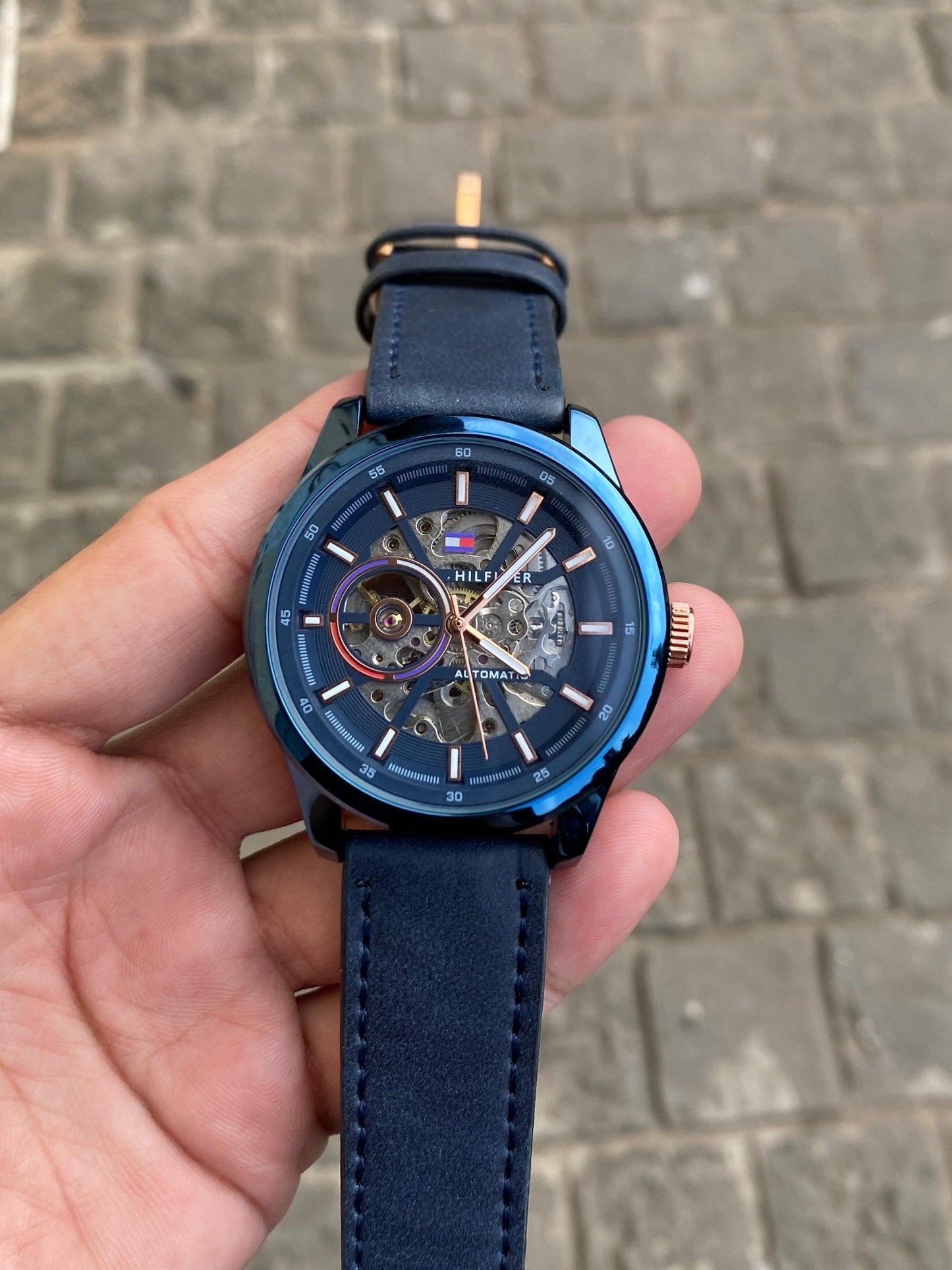T_mmy Hilfiger Hendrix Automatic Skeleton Dial Blue Leather Watch