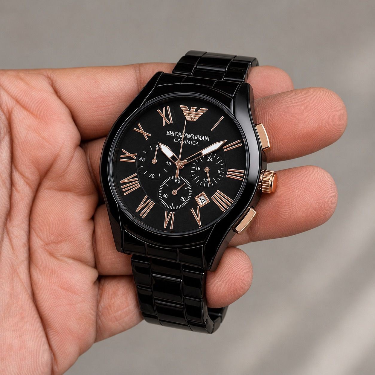 E_porio @rmani  Ceramica Chronograph Black Ceramic Bacelet And Dial