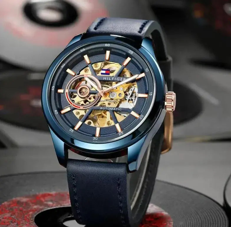 T_mmy Hilfiger Hendrix Automatic Skeleton Dial Blue Leather Watch