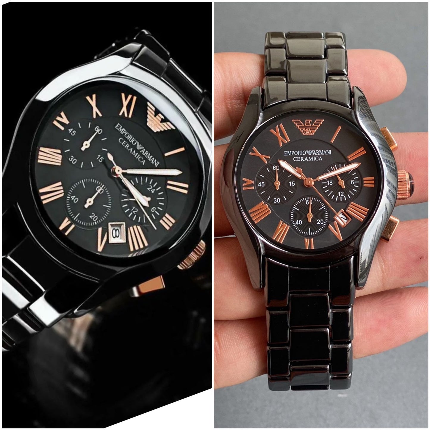 E_porio @rmani  Ceramica Chronograph Black Ceramic Bacelet And Dial