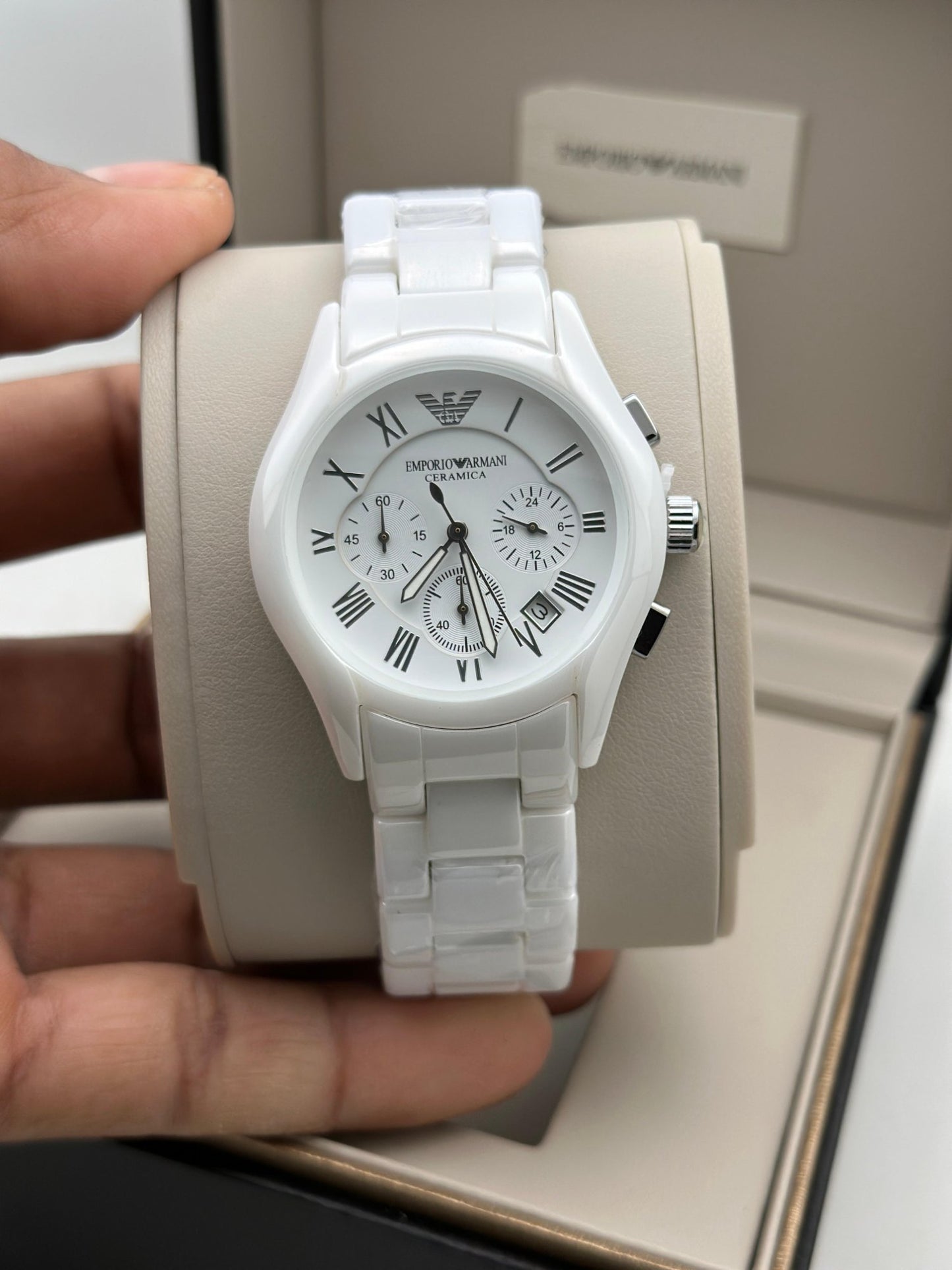 E_porio @rmani Ceramica Chronograph White Ceramic Bacelet And Dial